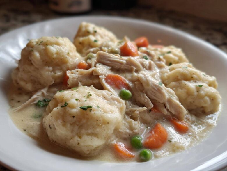 Close-up of creamy Instant Pot Chicken and Dumplings with fluffy dumplings and shredded chicken.