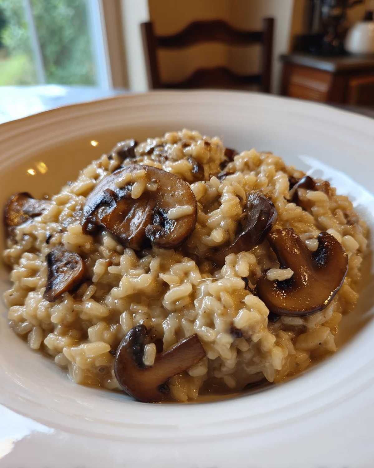 A close-up of creamy Instant Pot Creamy Mushroom Risotto topped with sautéed mushroom slices in a white bowl.