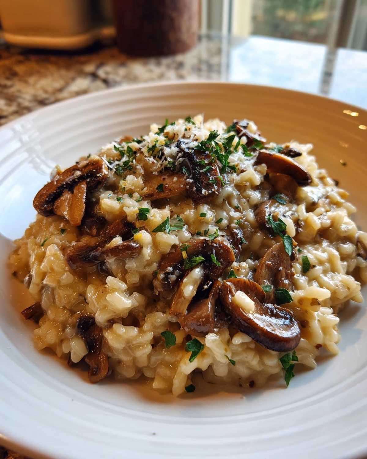 A close-up of rich Instant Pot Creamy Mushroom Risotto topped with sautéed mushrooms and grated Parmesan.