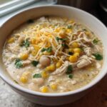 A close-up of a white bowl filled with creamy Instant Pot White Chicken Chili with Corn, topped with shredded cheese and cilantro.