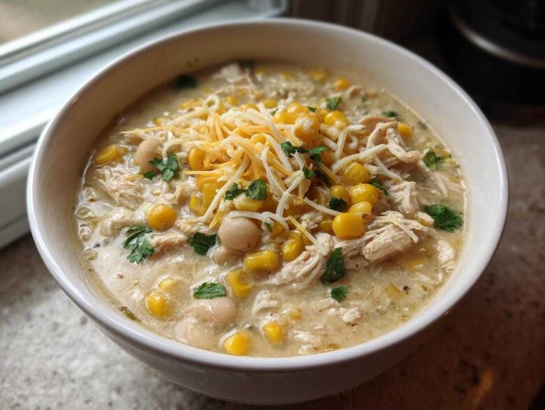 A close-up of a white bowl filled with creamy Instant Pot White Chicken Chili with Corn, topped with shredded cheese and cilantro.