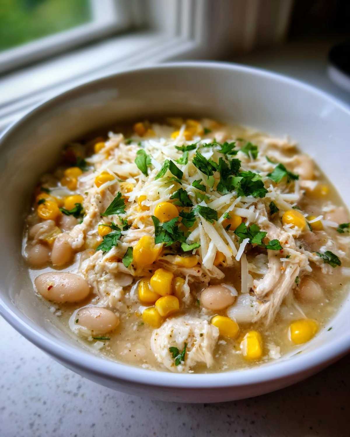 A close-up bowl of Instant Pot White Chicken Chili with Corn, topped with shredded cheese and fresh parsley.