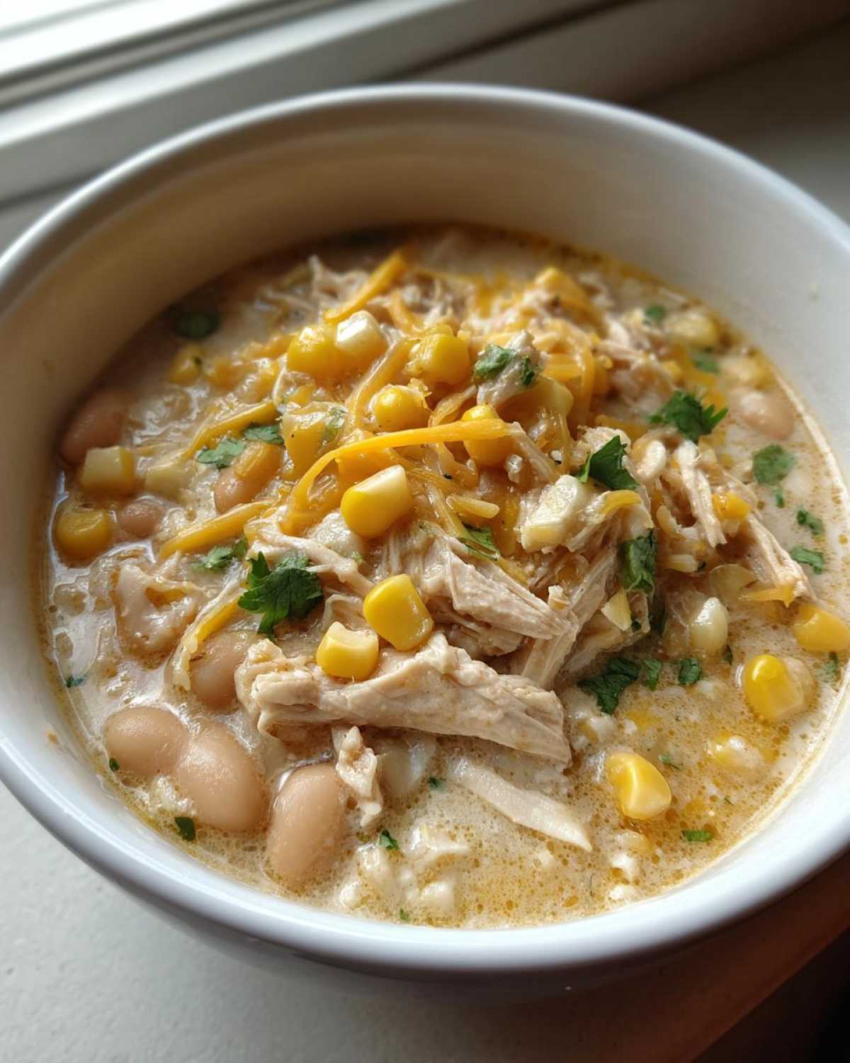Close-up of a white bowl filled with creamy Instant Pot White Chicken Chili with Corn, shredded chicken, and melted cheese.