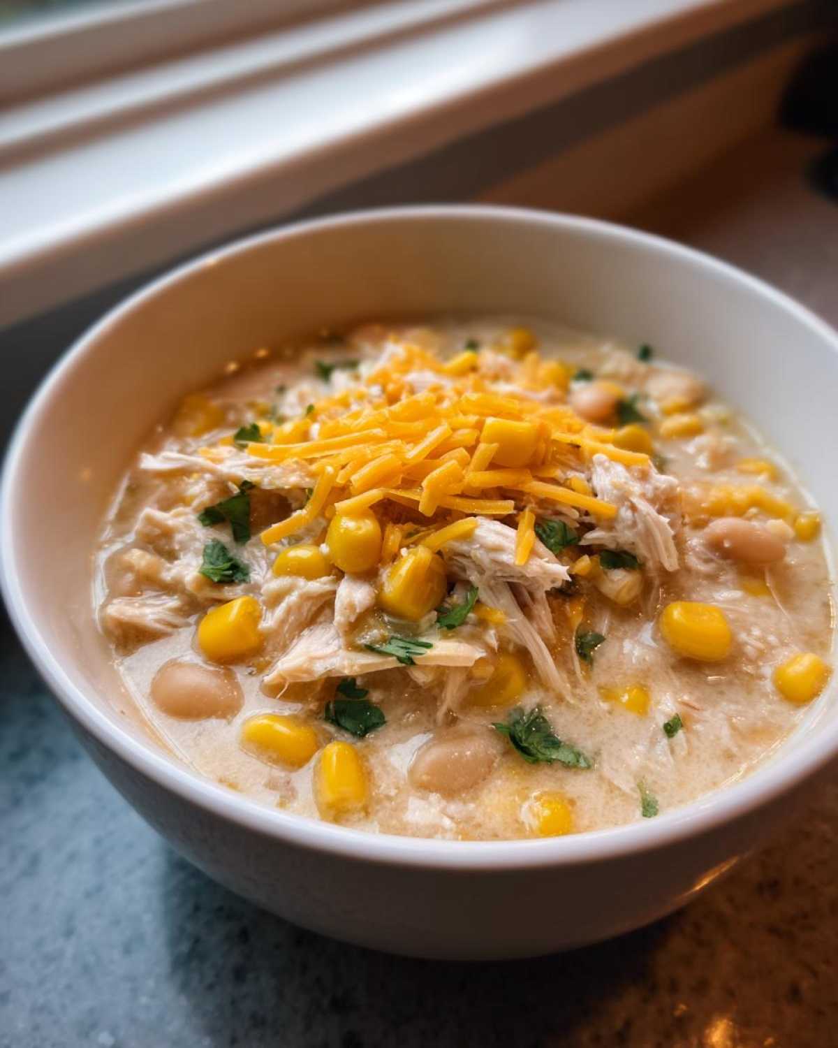 Close-up of a white bowl filled with creamy Instant Pot White Chicken Chili with Corn, topped with shredded cheese.