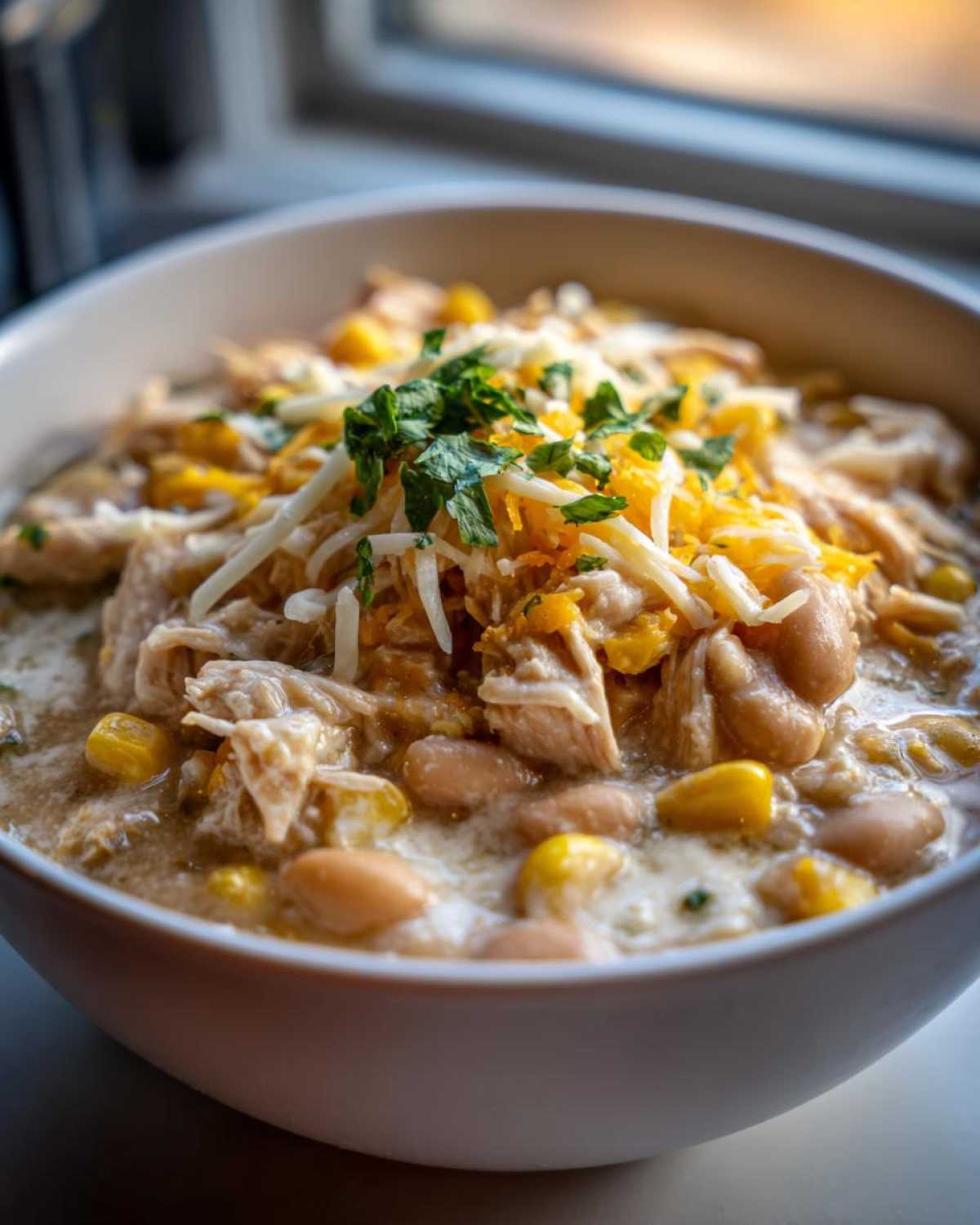 Close-up of Instant Pot White Chicken Chili with Corn topped with shredded cheese and fresh cilantro.