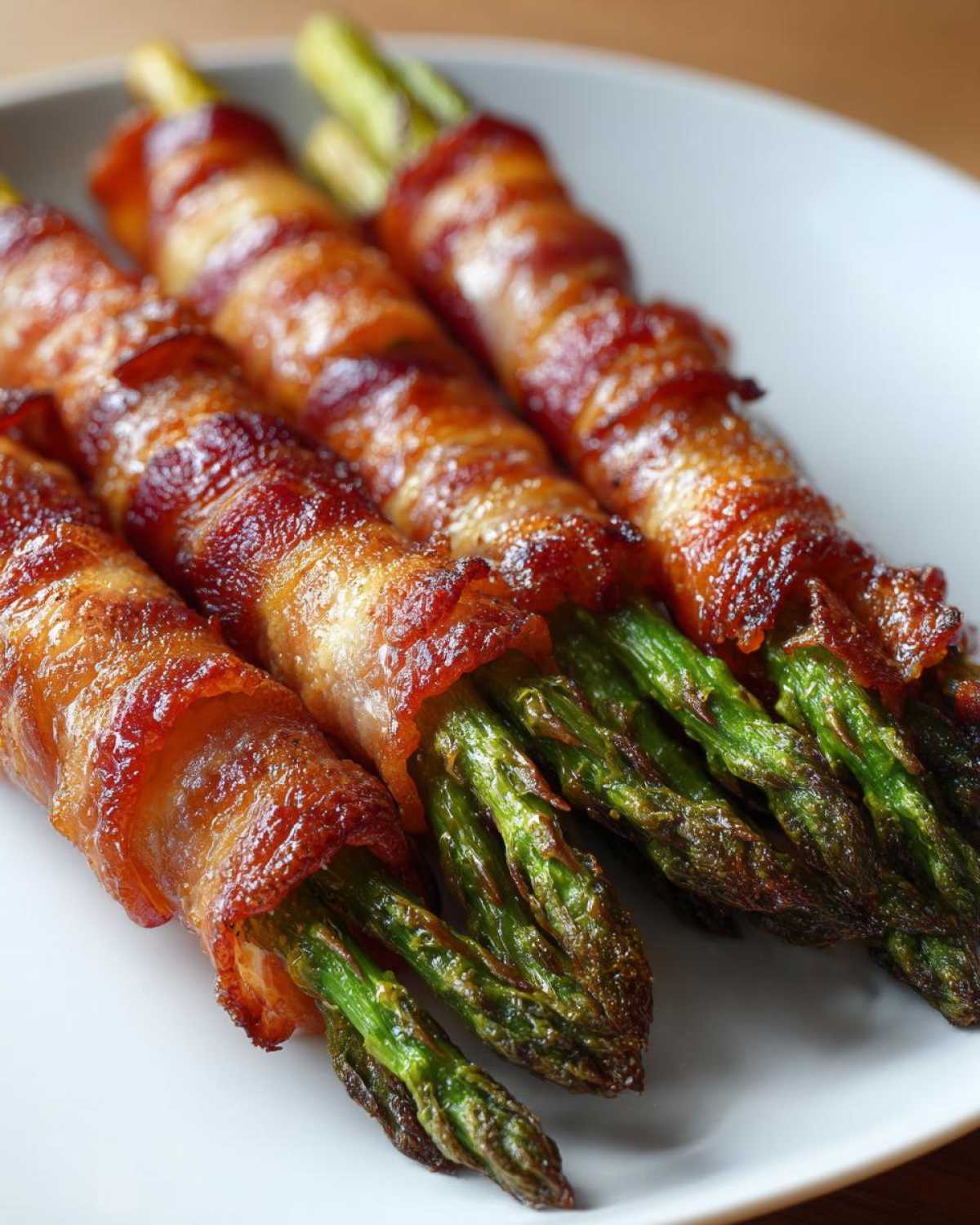 Close-up of four perfectly cooked Keto Bacon Wrapped Asparagus Bundles resting on a white plate.
