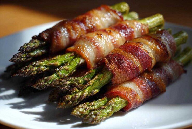 Close-up of perfectly cooked Keto Bacon Wrapped Asparagus Bundles stacked on a white plate.