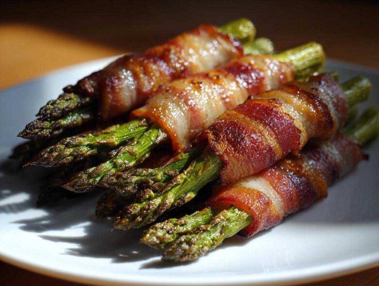 Close-up of perfectly cooked Keto Bacon Wrapped Asparagus Bundles stacked on a white plate.