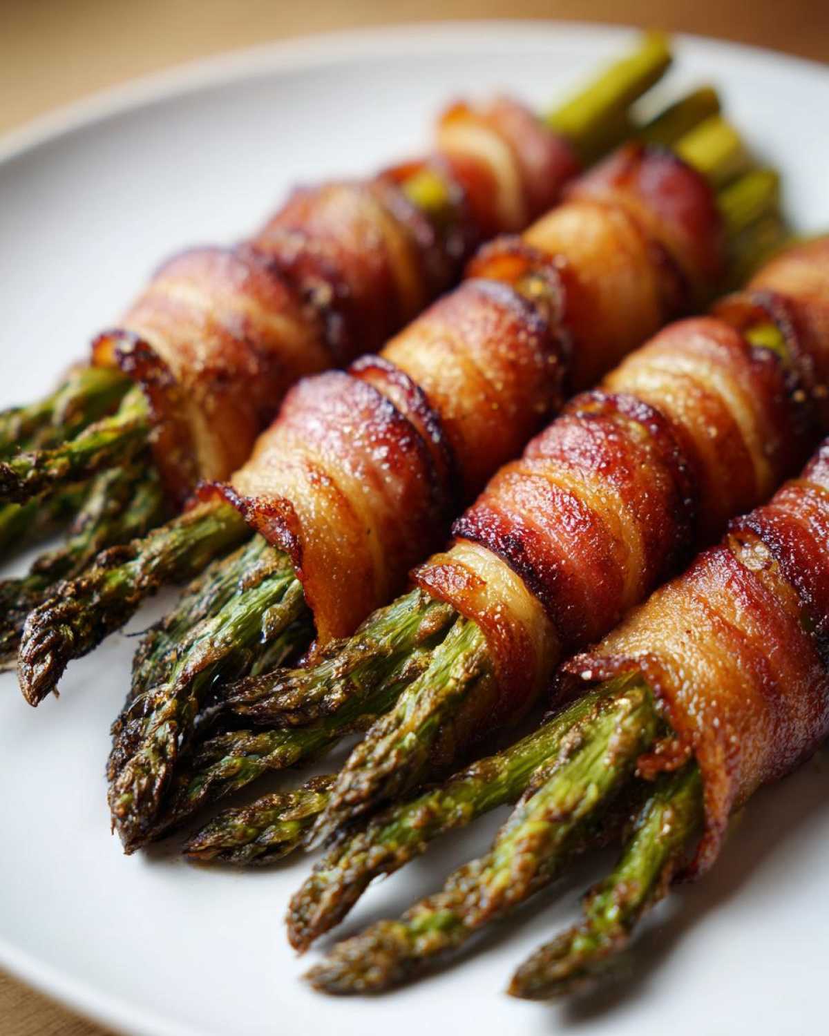 Close-up of perfectly cooked Keto Bacon Wrapped Asparagus Bundles on a white plate.