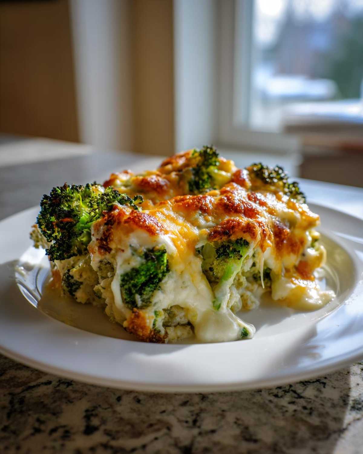 Two servings of Keto Cheesy Broccoli Casserole on a white plate, topped with bubbly, browned cheddar and mozzarella cheese.