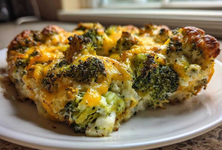 Close-up of a serving of Keto Cheesy Broccoli Casserole with browned, melted cheddar cheese on top.
