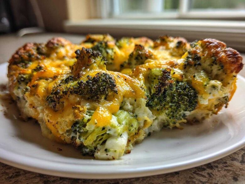 Close-up of a serving of Keto Cheesy Broccoli Casserole with browned, melted cheddar cheese on top.