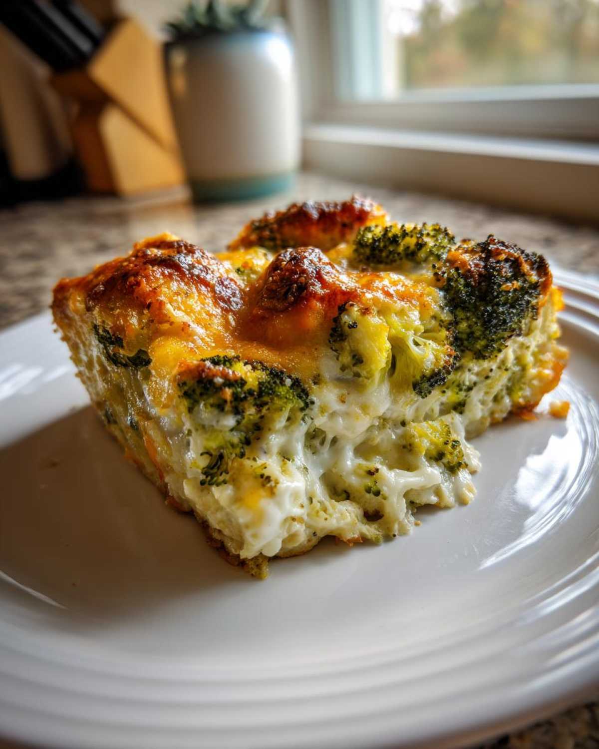 A delicious slice of Keto Cheesy Broccoli Casserole showing melted cheese and tender broccoli florets on a white plate.