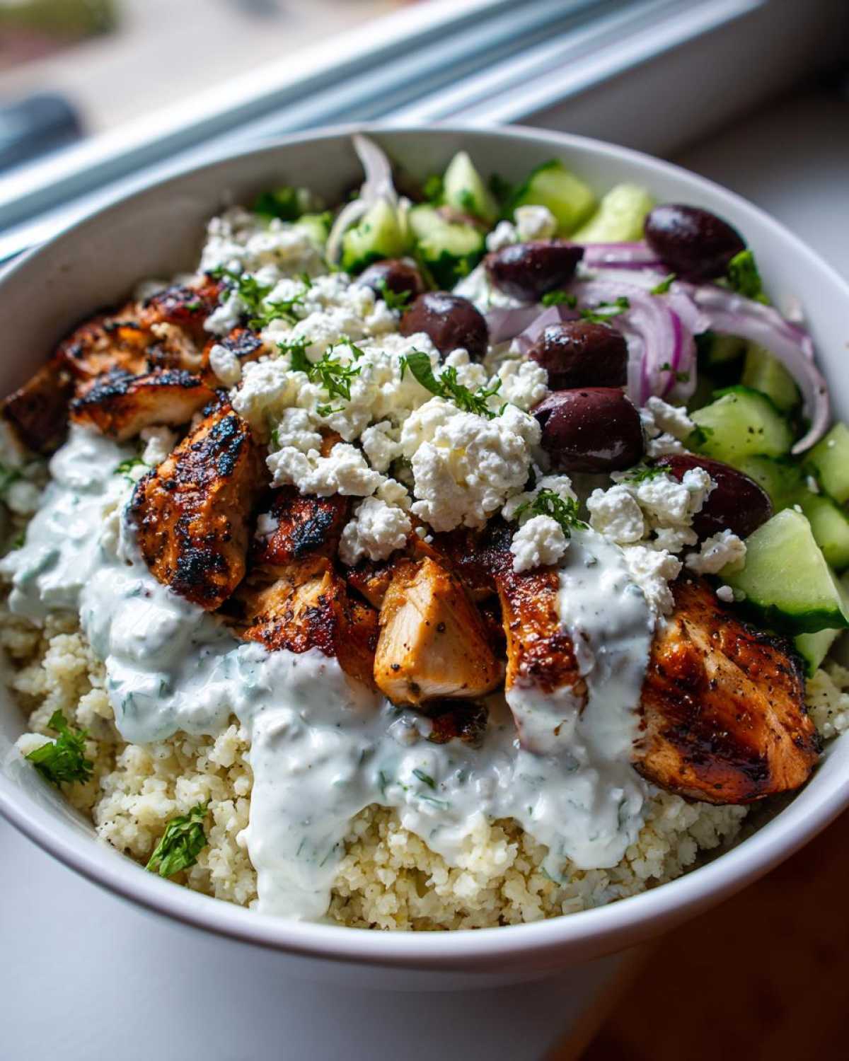 Close-up of Keto Greek Chicken Bowls with Tzatziki, featuring grilled chicken, cauliflower rice, feta, and olives.