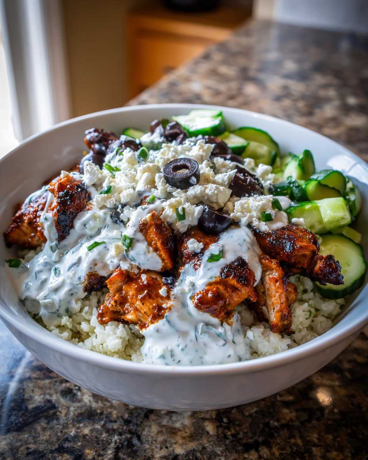 A close-up of a Keto Greek Chicken Bowls with Tzatziki, featuring seasoned chicken over cauliflower rice, topped with tzatziki sauce, feta, and olives.