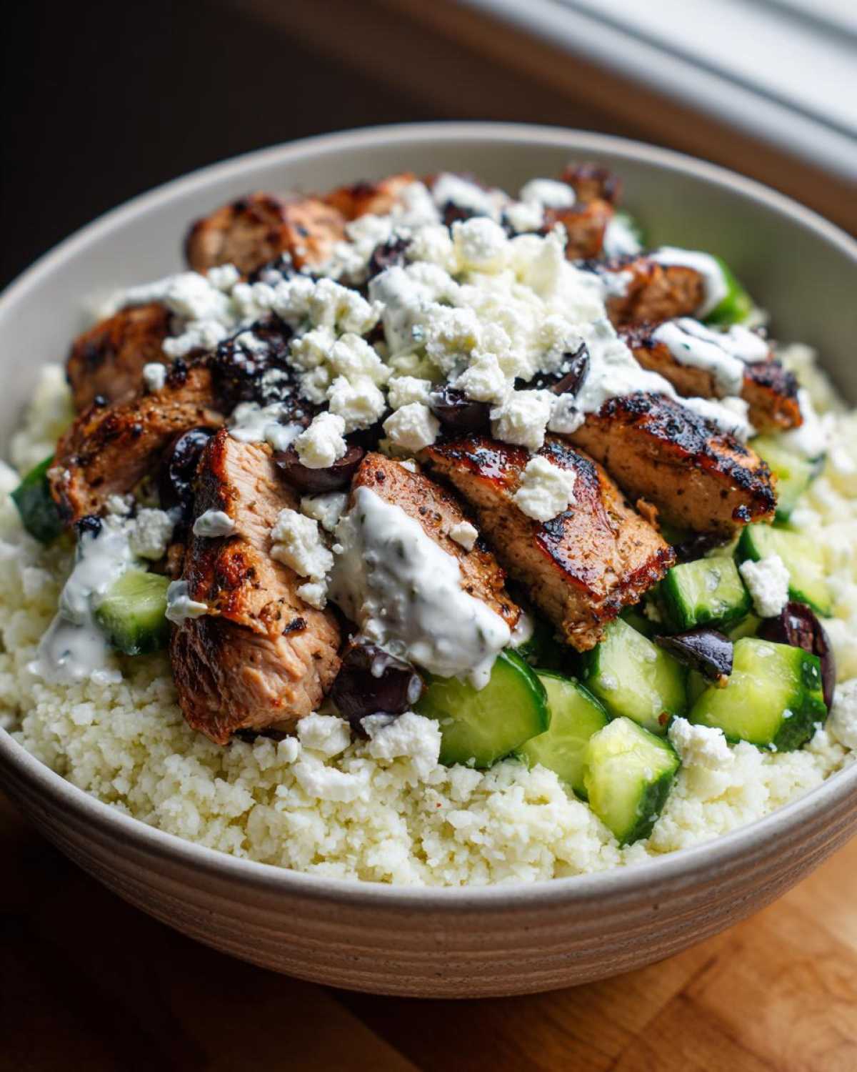 Close-up of Keto Greek Chicken Bowls featuring seasoned chicken, cauliflower rice, cucumbers, feta, and tzatziki.