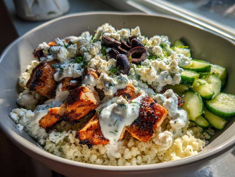 Close-up of Keto Greek Chicken Bowls featuring grilled chicken, cauliflower rice, tzatziki sauce, feta, and cucumbers.