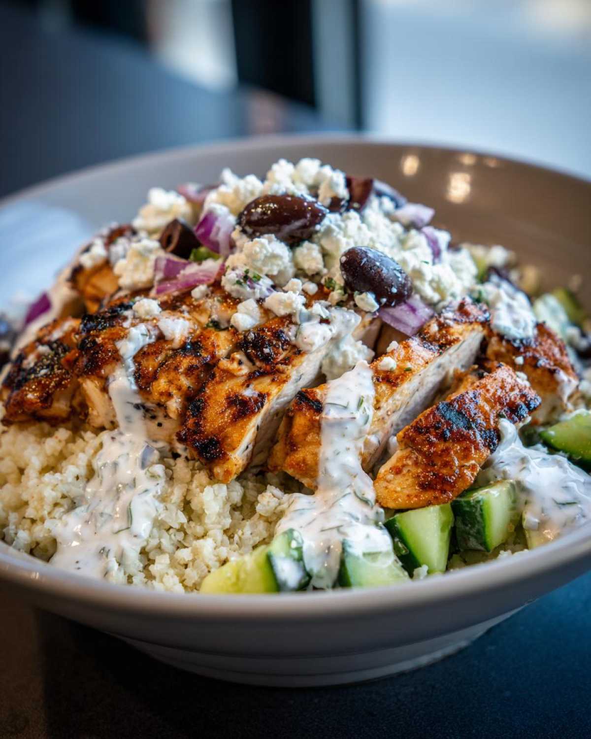 Close-up of sliced, grilled chicken over cauliflower rice, topped with tzatziki, feta, olives in a Keto Greek Chicken Bowls.