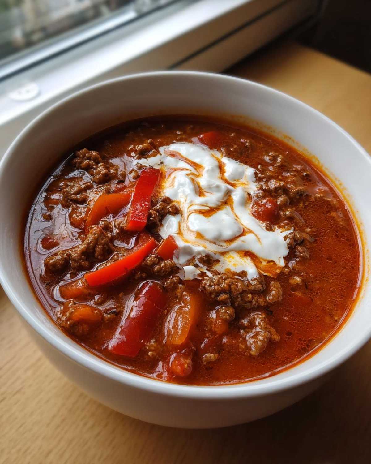 Close-up of a white bowl filled with rich, red Keto Taco Soup with Ground Beef, topped with sour cream and red pepper strips.