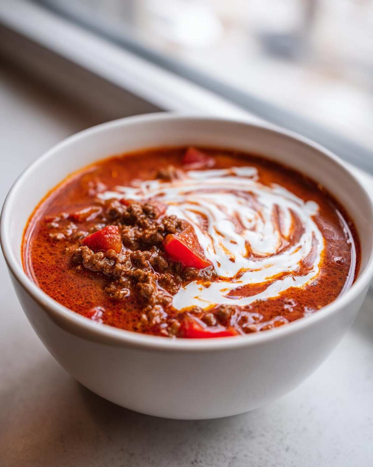 A close-up of a white bowl filled with rich, red Keto Taco Soup with Ground Beef, topped with sour cream swirl.