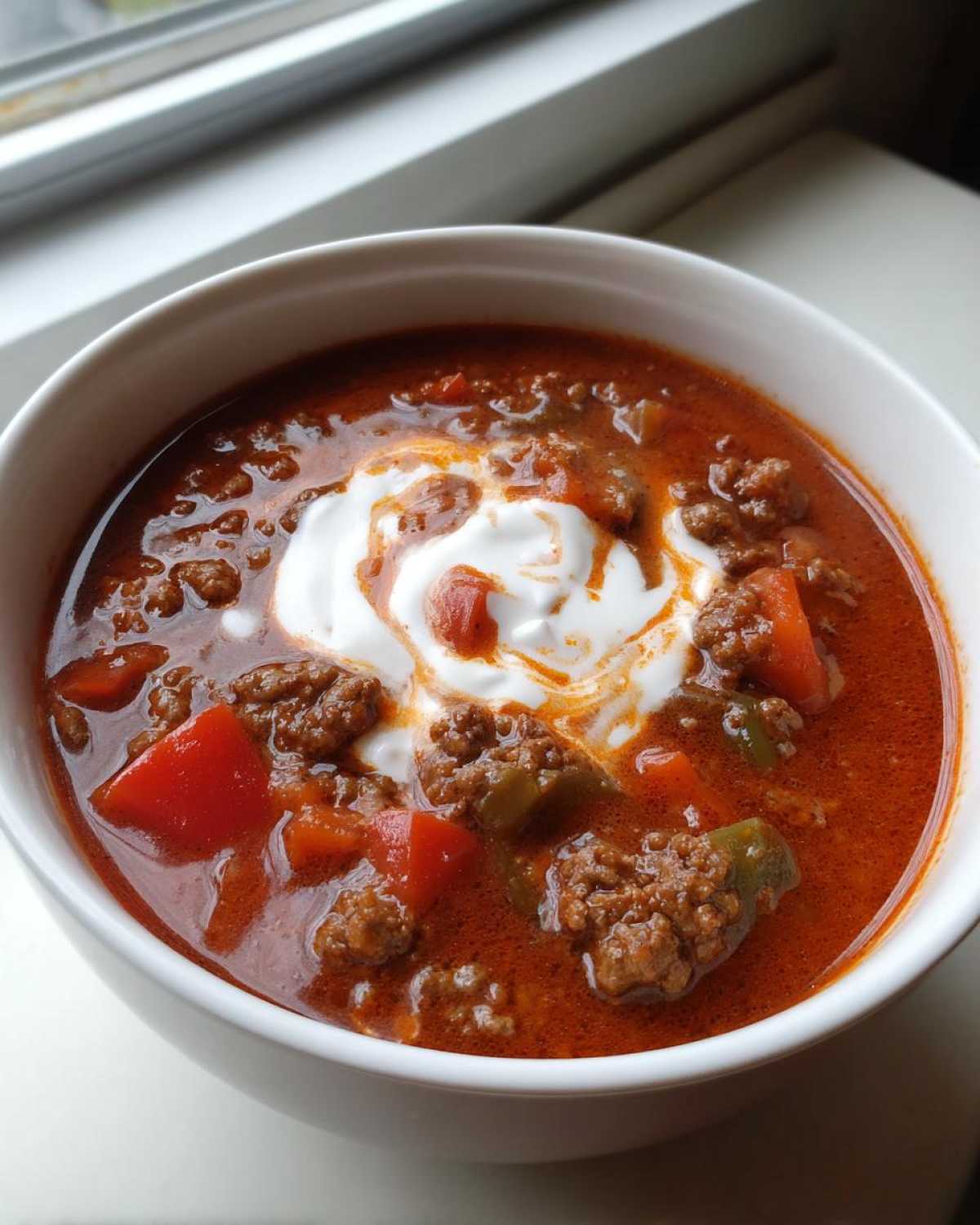 A close-up of a white bowl filled with rich, red Keto Taco Soup with Ground Beef, topped with a swirl of sour cream.
