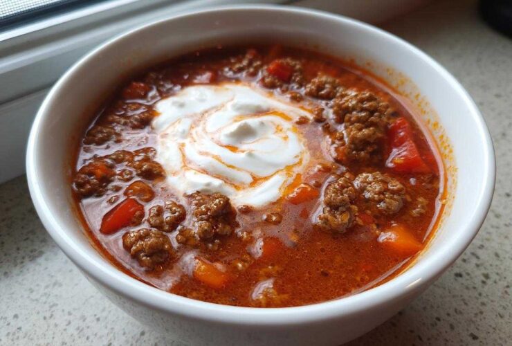 Close-up of a white bowl filled with rich, red Keto Taco Soup with Ground Beef, topped with a swirl of sour cream.