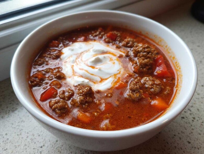 Close-up of a white bowl filled with rich, red Keto Taco Soup with Ground Beef, topped with a swirl of sour cream.
