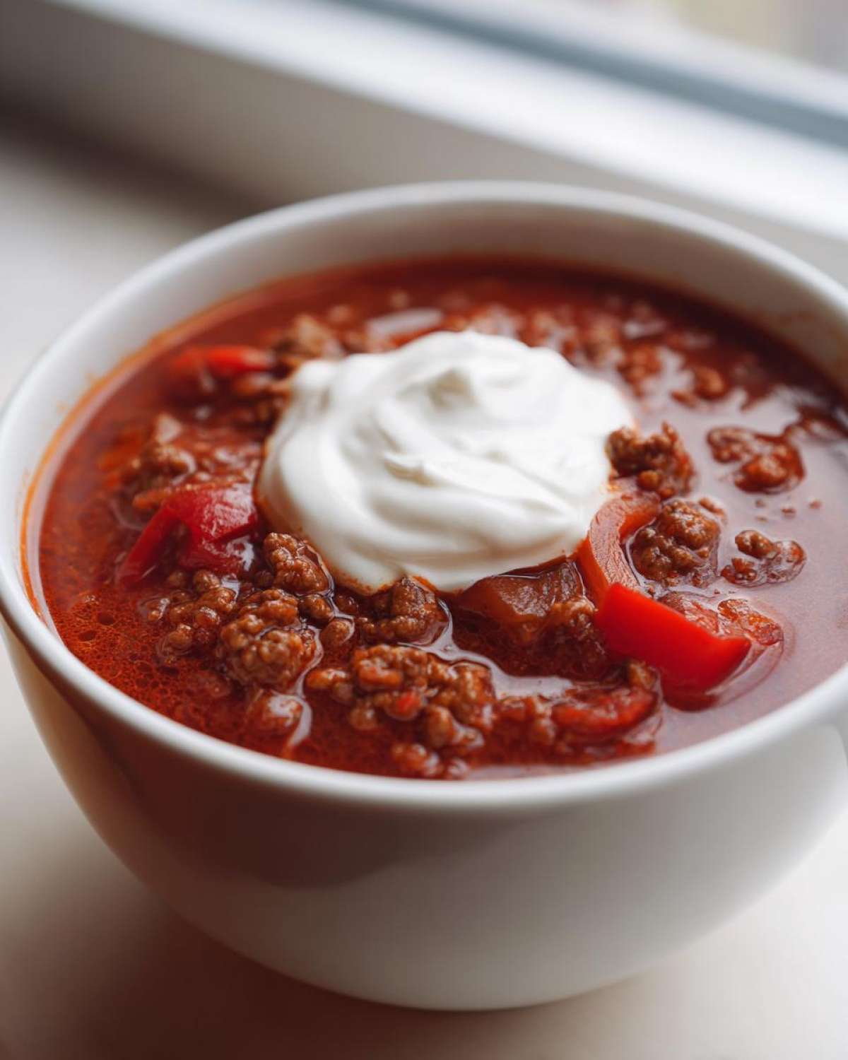 Close-up of a white bowl filled with rich, red Keto Taco Soup with Ground Beef, topped with a dollop of sour cream.