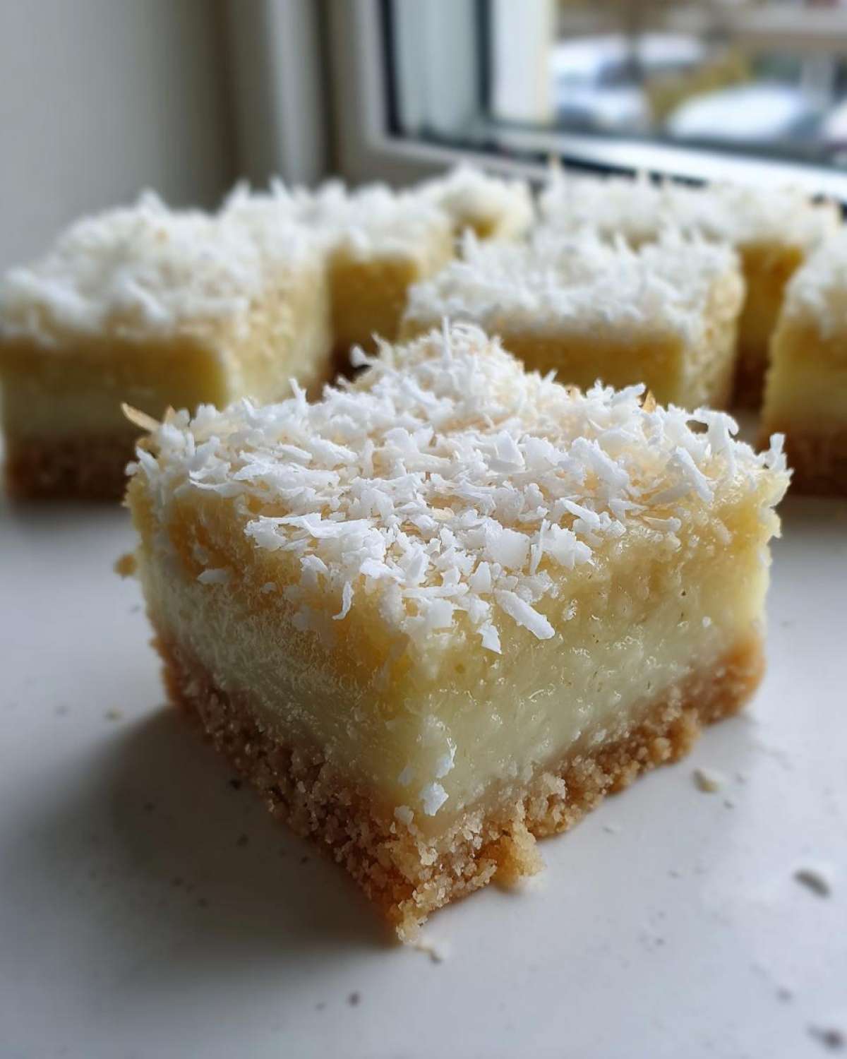 A square piece of No-Bake Coconut Lime Bars showing a thick crust and creamy filling, topped with shredded coconut.