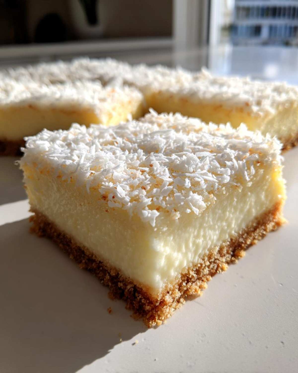 A close-up of a square No-Bake Coconut Lime Bars slice showing a thick, creamy filling and shredded coconut topping.