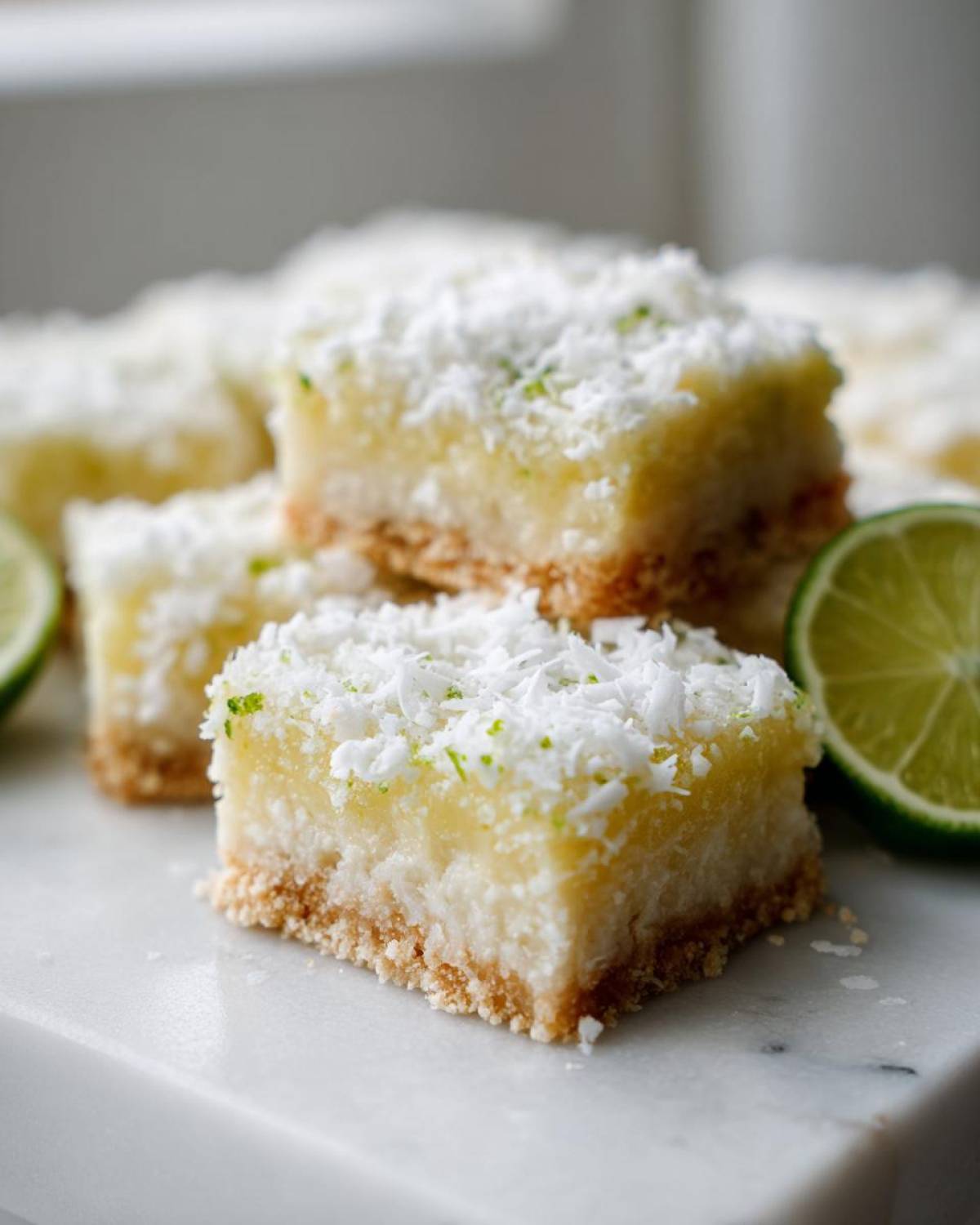 Close-up of layered No-Bake Coconut Lime Bars topped with shredded coconut and lime zest.