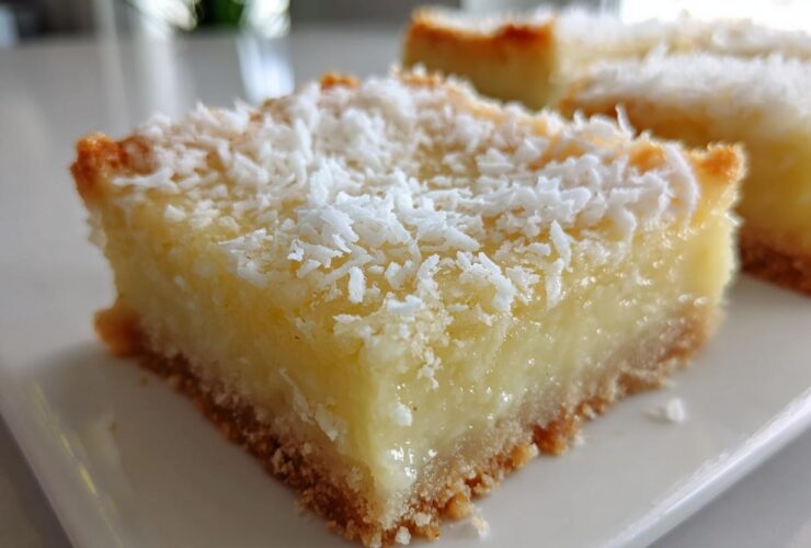 A close-up of a square No-Bake Coconut Lime Bars slice showing the creamy filling and graham cracker crust, topped with shredded coconut.