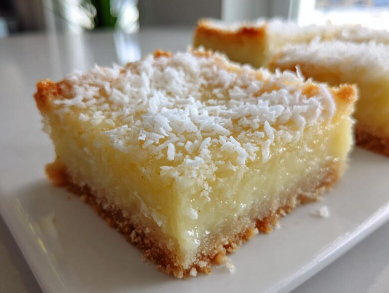 A close-up of a square No-Bake Coconut Lime Bars slice showing the creamy filling and graham cracker crust, topped with shredded coconut.