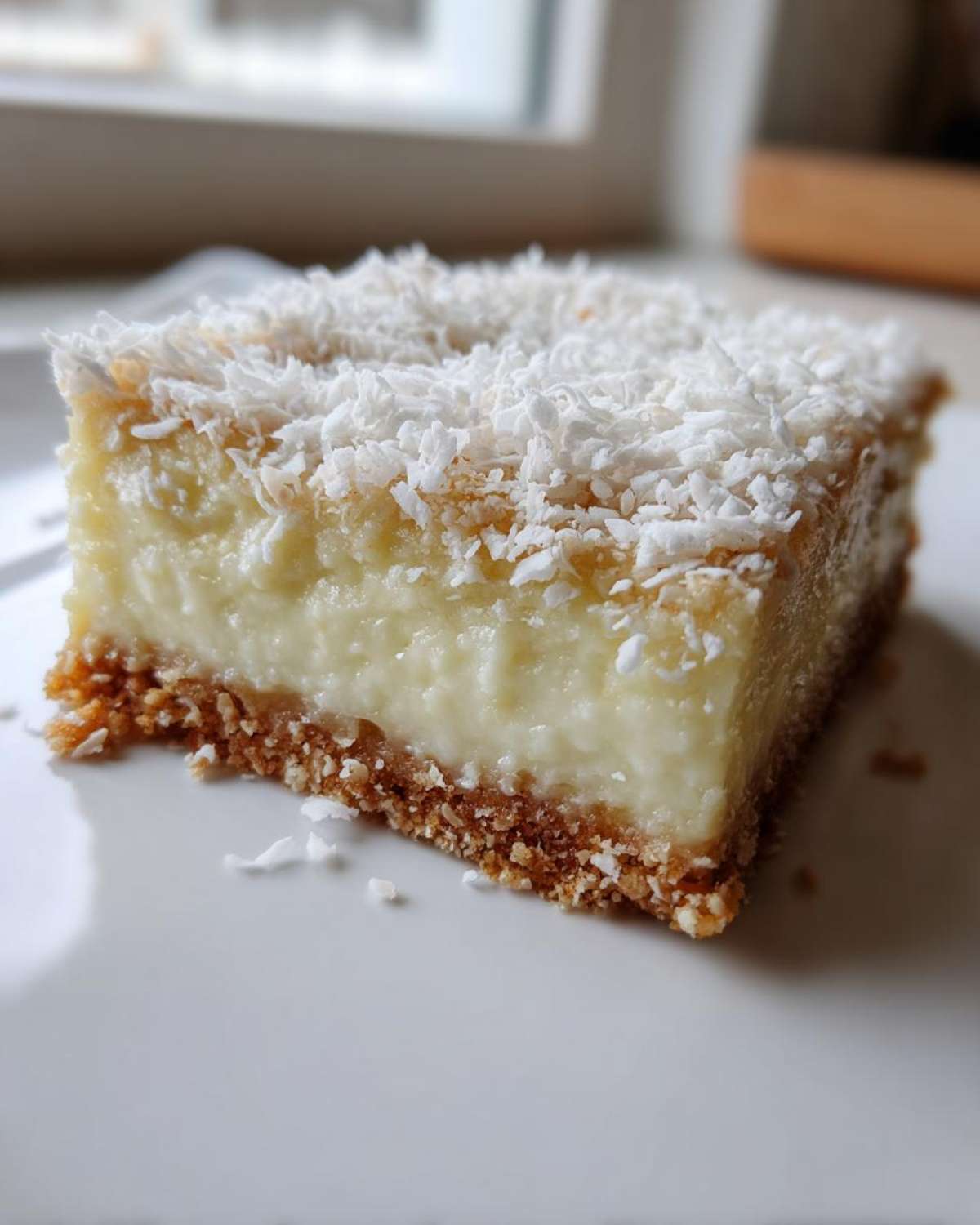 A single serving of No-Bake Coconut Lime Bars with a graham cracker crust, creamy filling, and shredded coconut topping.