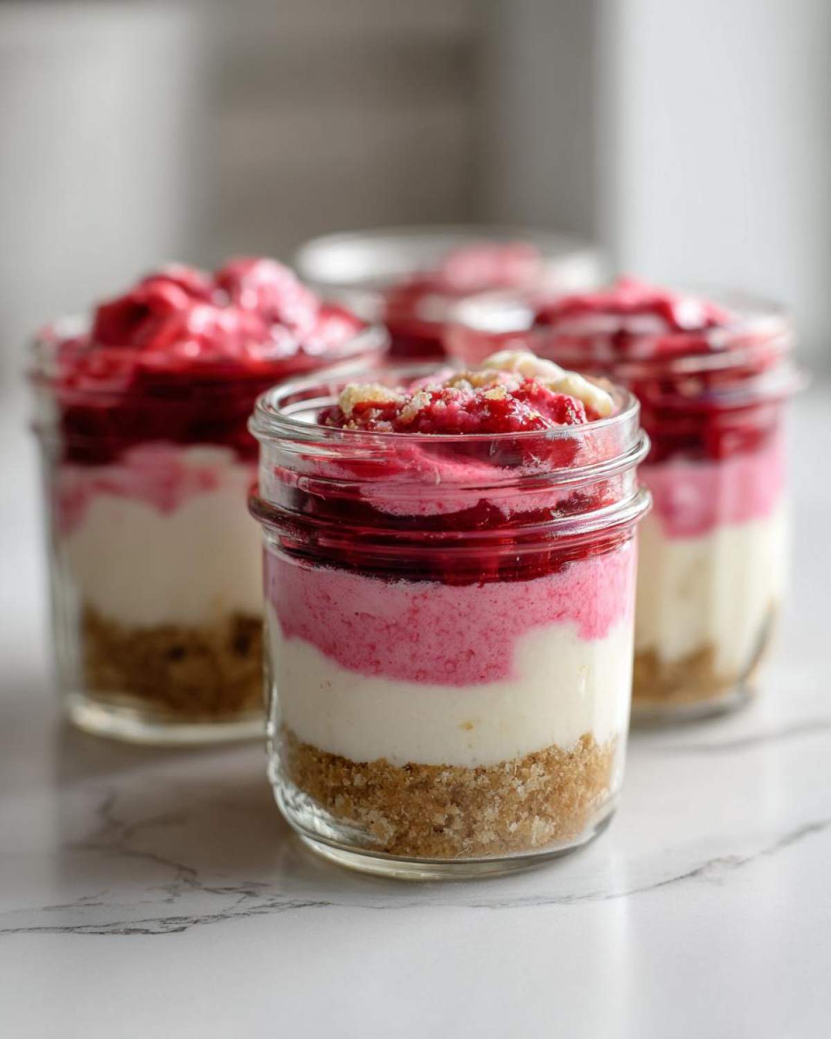 Close-up of No-Bake Raspberry White Chocolate Cheesecake Jars layered with crust, cream, and raspberry topping.