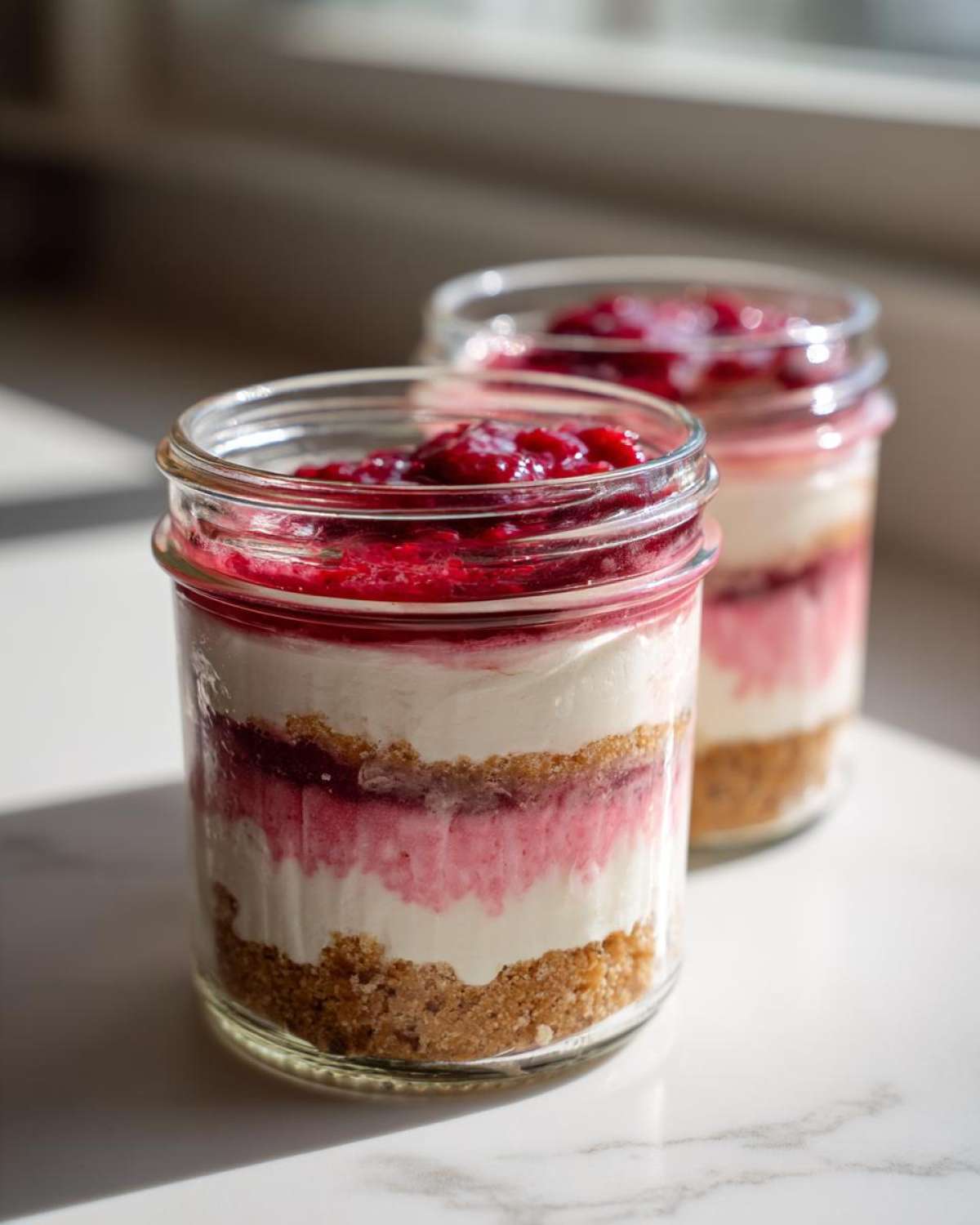 Two No-Bake Raspberry White Chocolate Cheesecake Jars showing distinct layers of graham cracker crust, white filling, and raspberry topping.