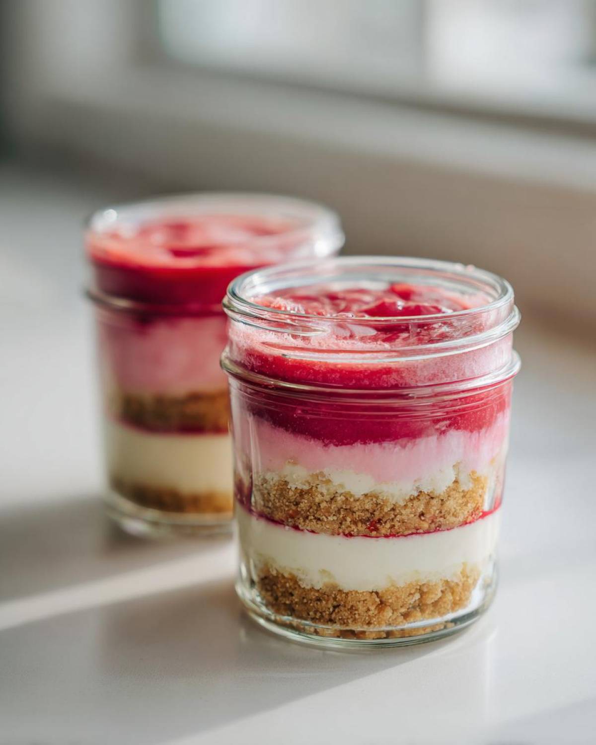 Close-up of No-Bake Raspberry White Chocolate Cheesecake Jars showing distinct layers of crust, cream, and raspberry topping.