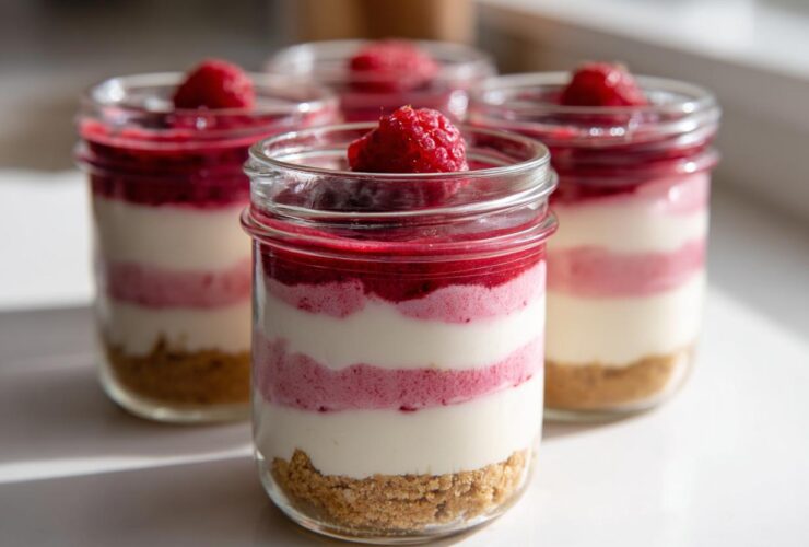 Four layered No-Bake Raspberry White Chocolate Cheesecake Jars topped with fresh raspberries.