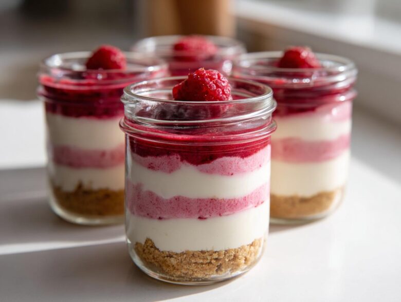 Four layered No-Bake Raspberry White Chocolate Cheesecake Jars topped with fresh raspberries.