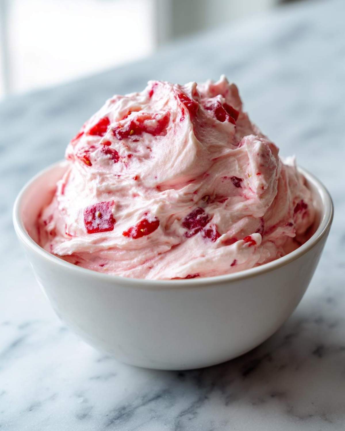 A close-up shot of fluffy pink No-Bake Strawberry Cheesecake Dip mixed with strawberry pieces in a white bowl.
