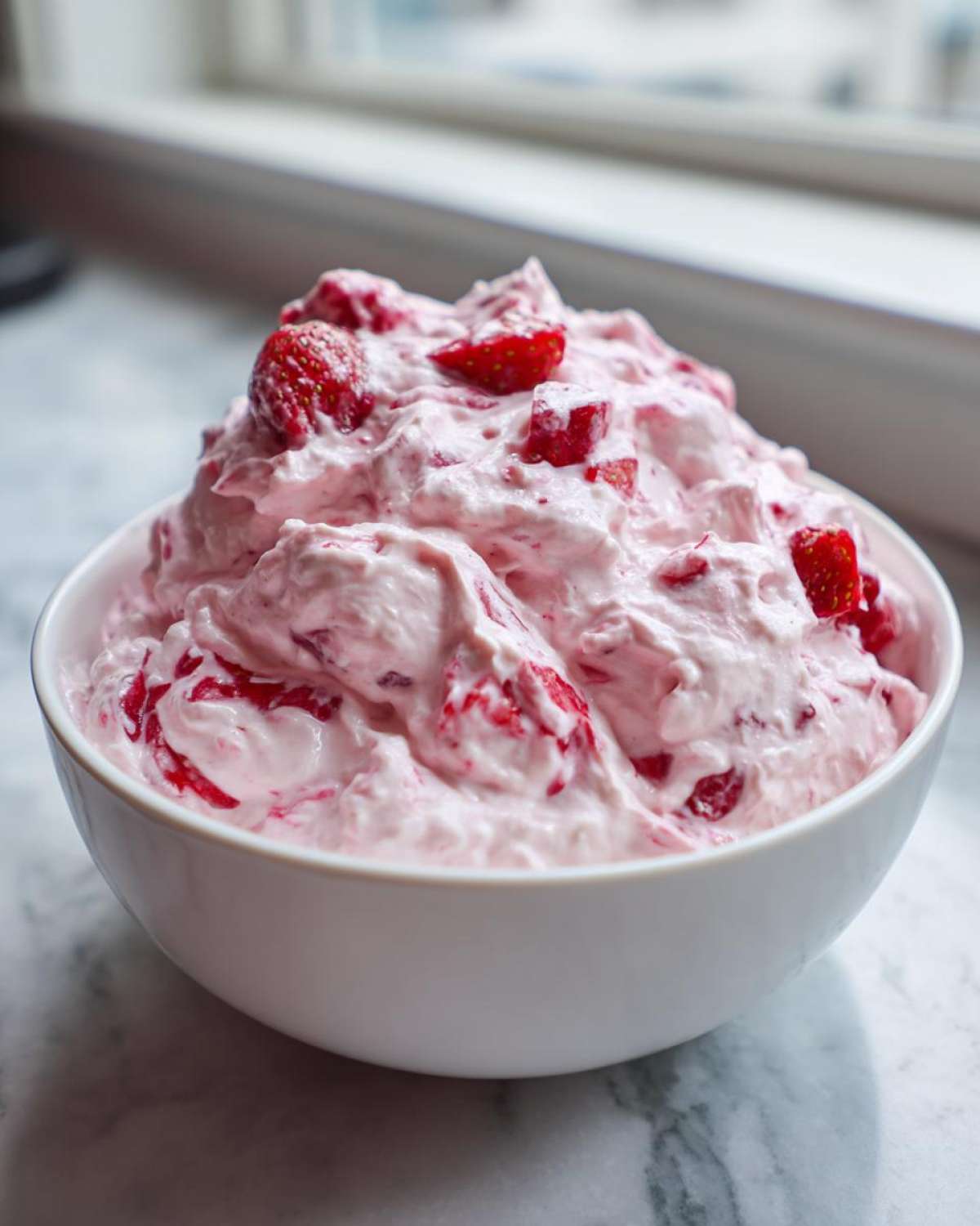 A white bowl filled with fluffy, pink No-Bake Strawberry Cheesecake Dip mixed with chunks of fresh strawberries.