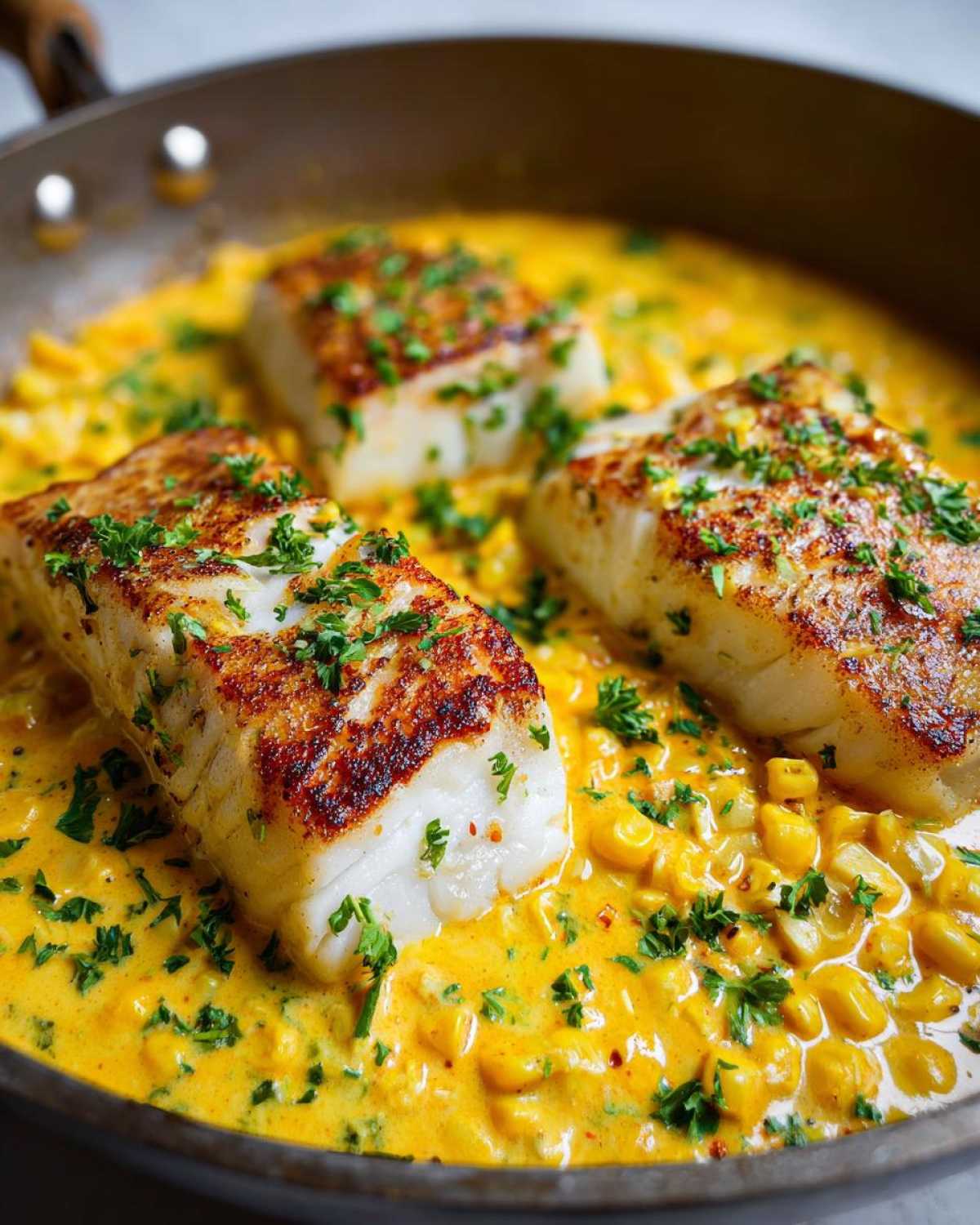 Three seared fillets of One-Pan Creamy Cajun Catfish with Corn in a rich, yellow sauce.