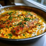 Close-up of seasoned catfish fillets cooked in a creamy sauce with corn, garnished with parsley, part of One-Pan Creamy Cajun Catfish with Corn.