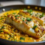Two fillets of seared catfish resting in a rich, creamy Cajun sauce with yellow corn kernels, garnished with fresh parsley.