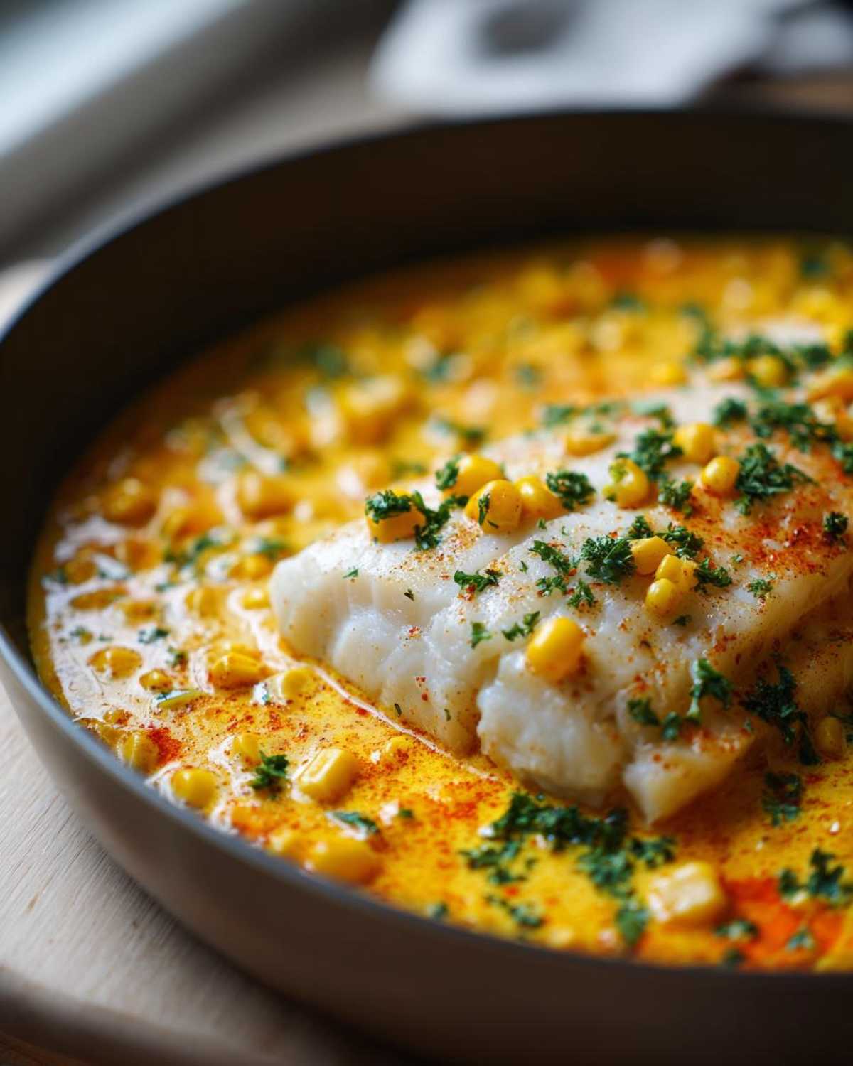 Close-up of a flaky white fish fillet in One-Pan Creamy Cajun Catfish with Corn sauce, garnished with parsley.