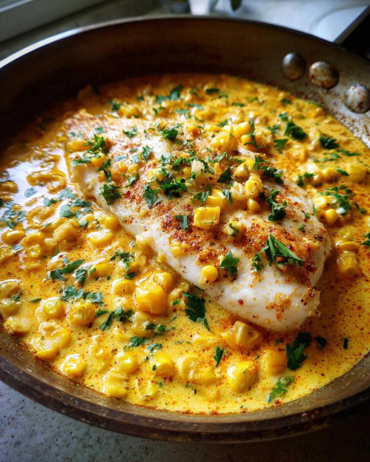 A fillet of white fish, likely catfish, smothered in a rich, creamy yellow sauce with corn kernels and topped with parsley, ready to serve in a skillet.
