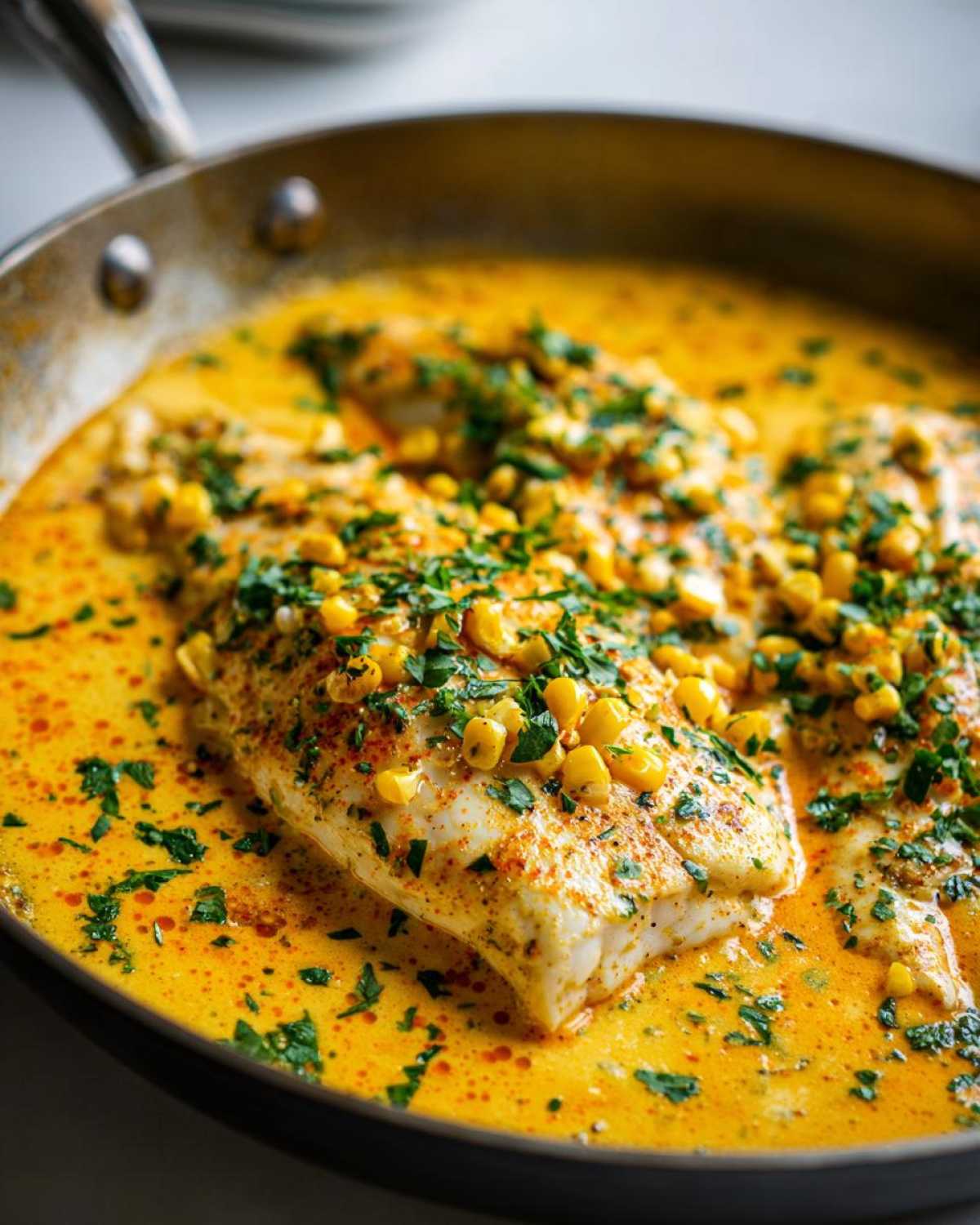 Close-up of a fillet of One-Pan Creamy Cajun Catfish with Corn simmering in a rich, orange sauce.