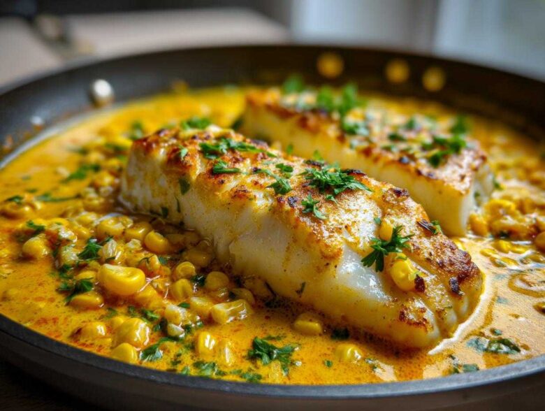 Two fillets of seared catfish resting in a rich, creamy Cajun sauce with yellow corn kernels, garnished with fresh parsley.