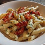 Close-up of One-Pot Creamy Goat Cheese Pasta with penne, creamy sauce, and roasted red tomatoes.