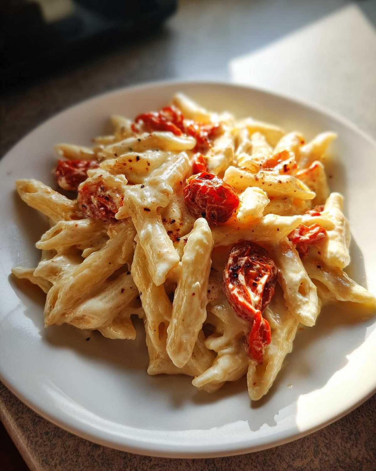 A close-up of One-Pot Creamy Goat Cheese Pasta with penne coated in a white sauce and topped with roasted red tomatoes.